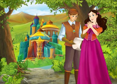 Prince ve Princ ile güzel kaleli karikatür doğa sahnesi