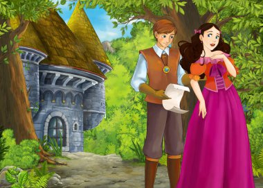 Prince ve Princ ile güzel kaleli karikatür doğa sahnesi