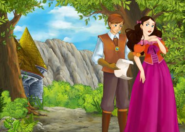 Prince ve Princ ile güzel kaleli karikatür doğa sahnesi