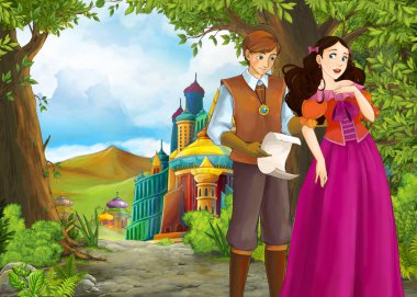 Prince ve Princ ile güzel kaleli karikatür doğa sahnesi