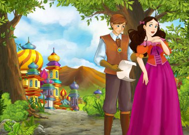 Prince ve Princ ile güzel kaleli karikatür doğa sahnesi