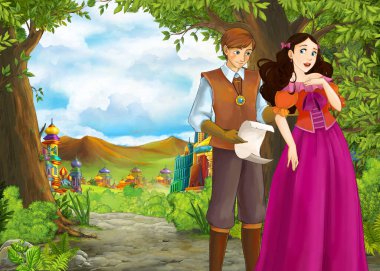 Prince ve Princ ile güzel kaleli karikatür doğa sahnesi