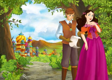 Prince ve Princ ile güzel kaleli karikatür doğa sahnesi