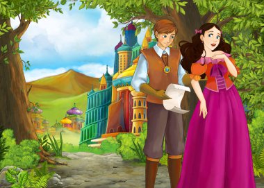 Prince ve Princ ile güzel kaleli karikatür doğa sahnesi