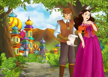 Prince ve Princ ile güzel kaleli karikatür doğa sahnesi