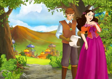 Prince ve Princ ile güzel kaleli karikatür doğa sahnesi