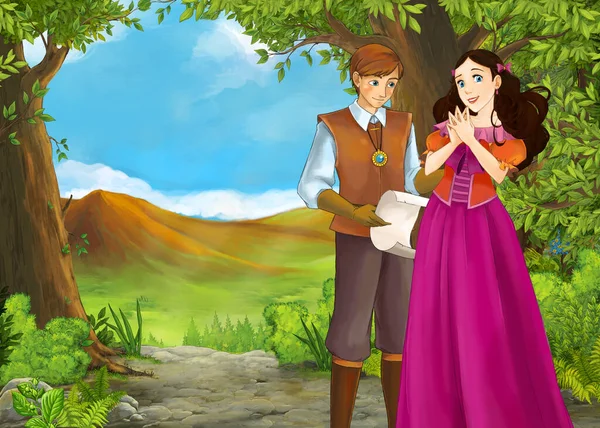 Tecknad sommarscen med äng dal med prins och prinsessa — Stockfoto