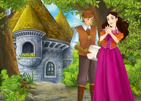 Cartoon nature scene with beautiful castle with prince and princ — Stock Photo, Image