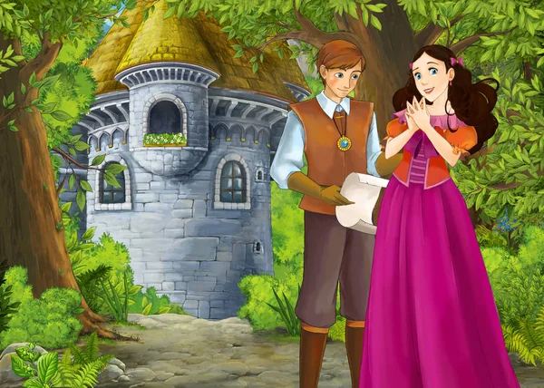 Cartoon nature scene with beautiful castle with prince and princ — Stock Photo, Image