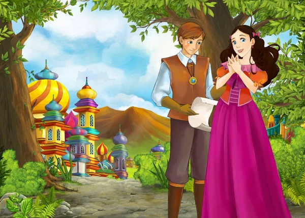 Prince ve Princ ile güzel kaleli karikatür doğa sahnesi