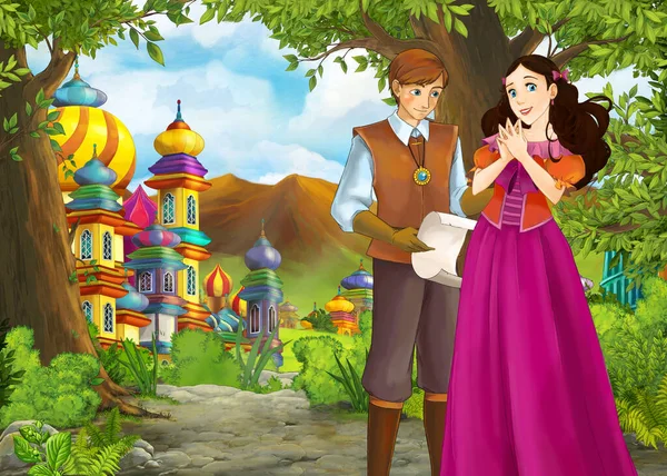 Cartoon nature scene with beautiful castle with prince and princ — 스톡 사진