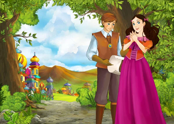 Cartoon natuur scène met mooi kasteel met prins en princ — Stockfoto