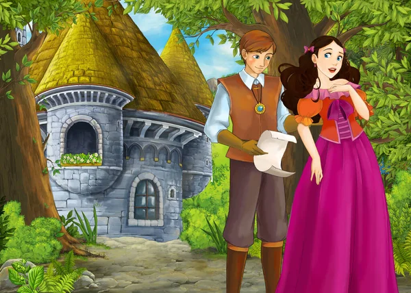 Cartoon-Natur-Szene mit wunderschönem Schloss mit Prinz und Prinzen — Stockfoto