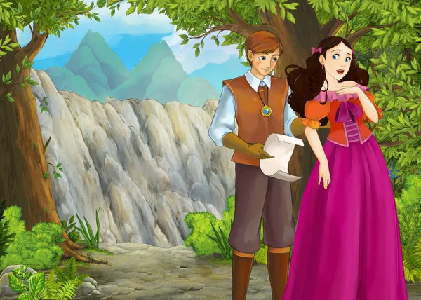 Cartoon scene met bergen vallei in de buurt van het bos met prins — Stockfoto