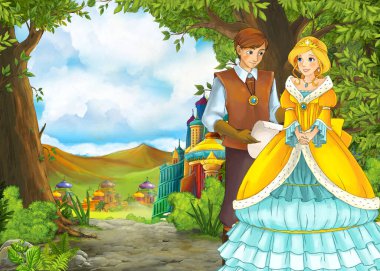 Prince ve Princ ile güzel kaleli karikatür doğa sahnesi