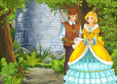 Prince ve Princ ile güzel kaleli karikatür doğa sahnesi