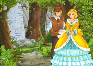 Prince ve Princ ile güzel kaleli karikatür doğa sahnesi