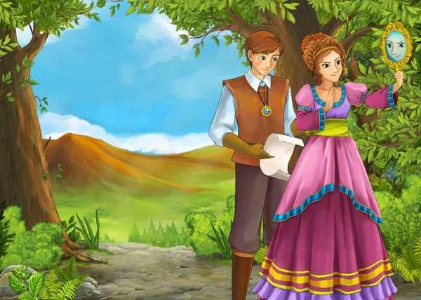 Cartoni animati scena estiva con prato valle con principe e principessa — Foto Stock