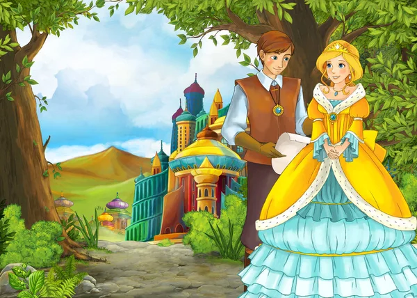 有王子和王子的漂亮城堡的卡通自然场景 — 图库照片