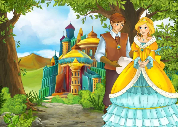 Dessin animé scène de nature avec beau château avec prince et princ — Photo