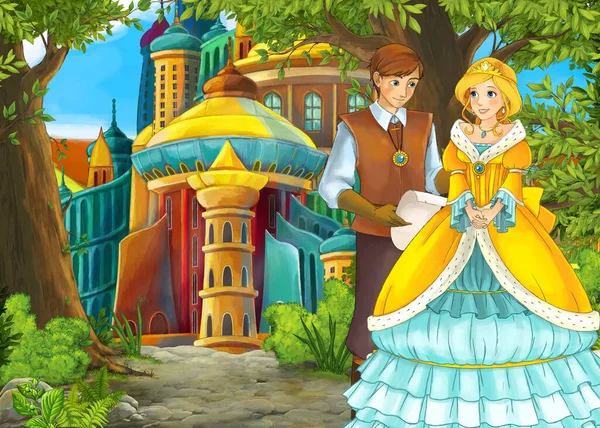 Dessin animé scène de nature avec beau château avec prince et princ — Photo