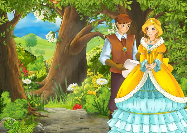 Cartoon summer scene with meadow in the forest with prince and p — 스톡 사진