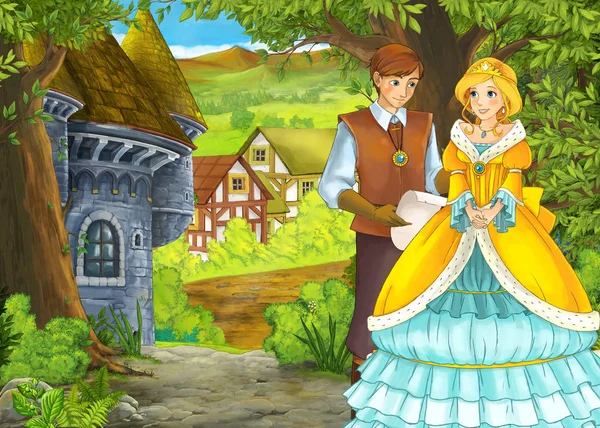 卡通片夏季场景，与王子一起走在乡村小径上 — 图库照片