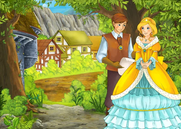 Cartoni animati scena estiva con percorso al villaggio fattoria con principe a — Foto Stock
