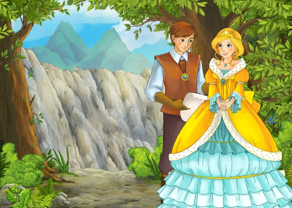 Escena de dibujos animados con montañas valle cerca del bosque con príncipe —  Fotos de Stock