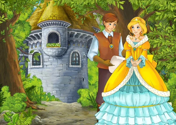 Cartoon-Natur-Szene mit wunderschönem Schloss mit Prinz und Prinzen — Stockfoto