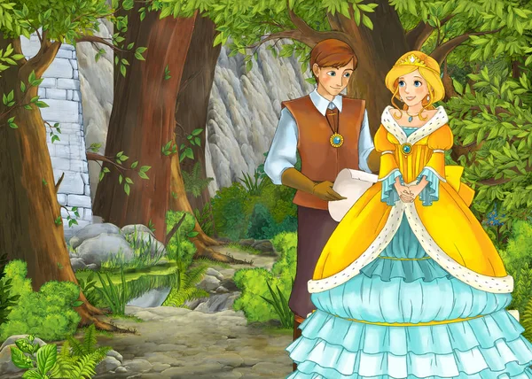 Scena di natura dei cartoni animati con bellissimo castello con principe e princ — Foto Stock