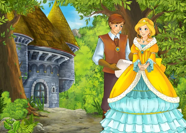 Cartoon nature scene with beautiful castle with prince and princ — Stock Photo, Image