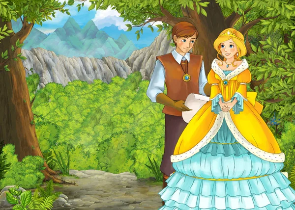 卡通片的夏季场景，森林中的草地上有王子和王子 — 图库照片