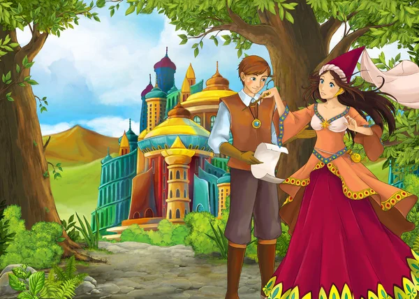 Cena da natureza dos desenhos animados com belo castelo com príncipe e princ — Fotografia de Stock