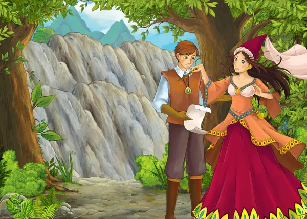 Scène de dessin animé avec vallée de montagnes près de la forêt avec prince — Photo