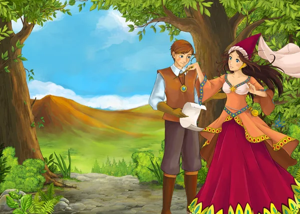 Dessin animé scène d'été avec prairie vallée avec prince et princesse — Photo