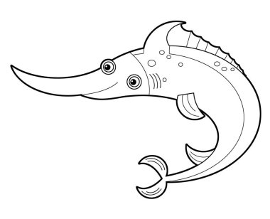 Yüzen mercan resif balığı kılıçbalığıyla su altı karikatürü sahnesi