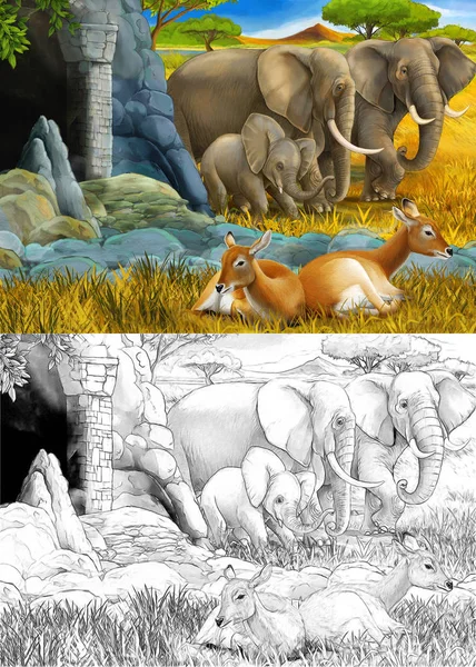 Disegno del fumetto e scena safari a colori con famiglia di antilopi ed elefante sul prato illustrazione per bambini — Foto Stock