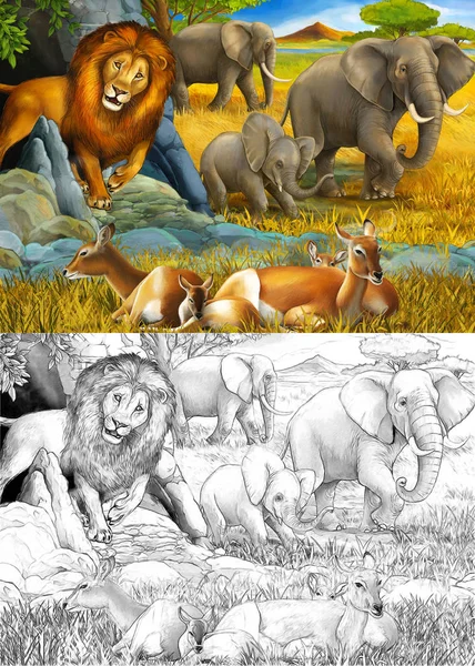 Dessin animé et scène de couleur avec antilope éléphant et lion sur la prairie illustration de repos pour les enfants — Photo