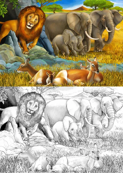 Dessin animé et scène de couleur avec antilope éléphant et lion sur la prairie illustration de repos pour les enfants — Photo