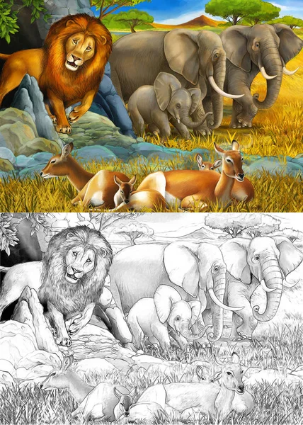 Dessin animé et scène de couleur avec éléphant antilope et lion o — Photo