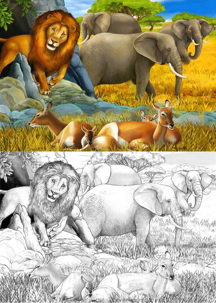 Dibujo animado y escena de color con elefante antílope y león o — Foto de Stock