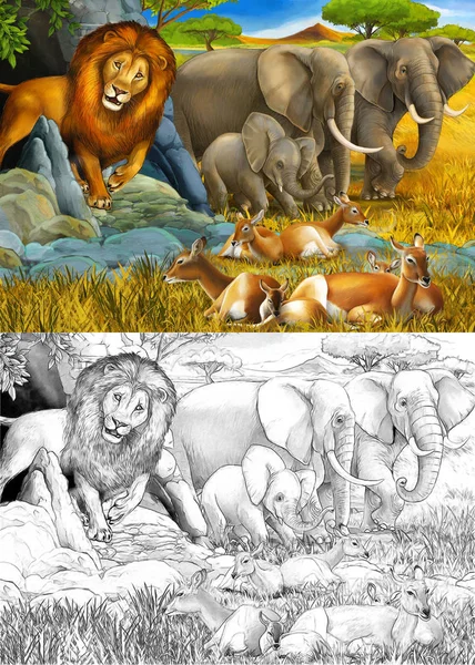 Dessin animé et scène de couleur avec éléphant antilope et lion o — Photo