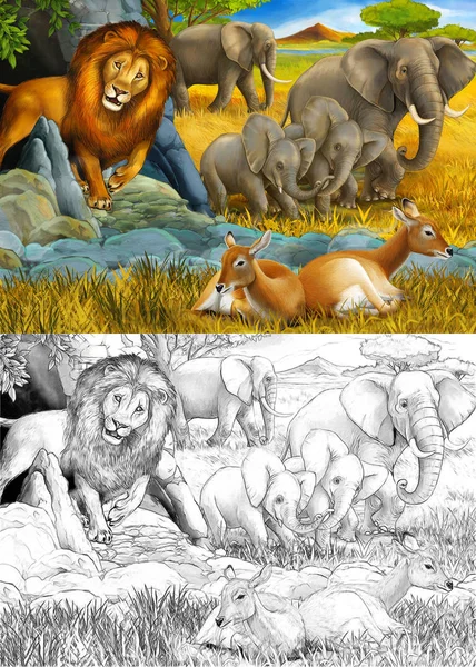 Dessin animé et scène de couleur avec antilope éléphant et lion sur la prairie illustration de repos pour les enfants — Photo