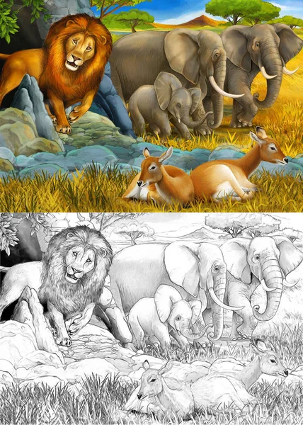 象のカモシカとライオンのいる漫画のスケッチと色のシーン子供のための休憩イラスト — ストック写真