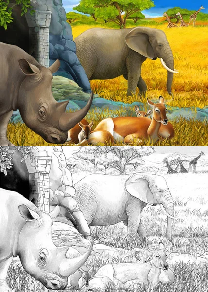 Dessin animé et scène de couleur avec rhinocéros rhinocéros antilope et éléphant sur l'illustration de prairie pour enfants — Photo