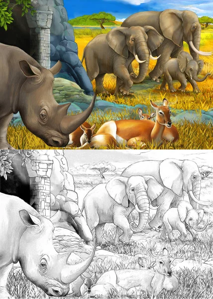 cartoon sketch and color scene with rhino rhinoceros antelope and elephant on the meadow illustration for children