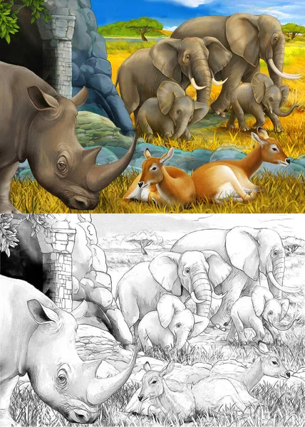 Cartoon sketch and color scene with rhino rhinoceros antelope and elephant on the meadow illustration for children — Stock Photo, Image