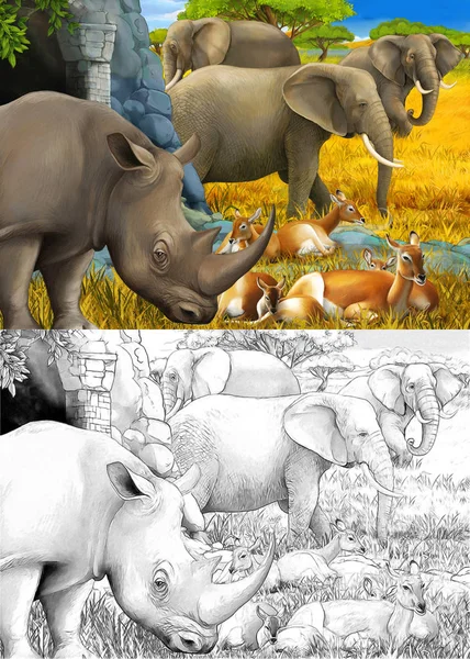 Cartoon sketch and color scene with rhino rhinoceros antelope and elephant on the meadow illustration for children — Stock Photo, Image