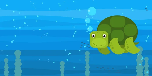 Счастливая подводная сцена мультфильма с плавающей кораллово-рифовой рыбой черепахой с пространством для текста - иллюстрация — стоковое фото